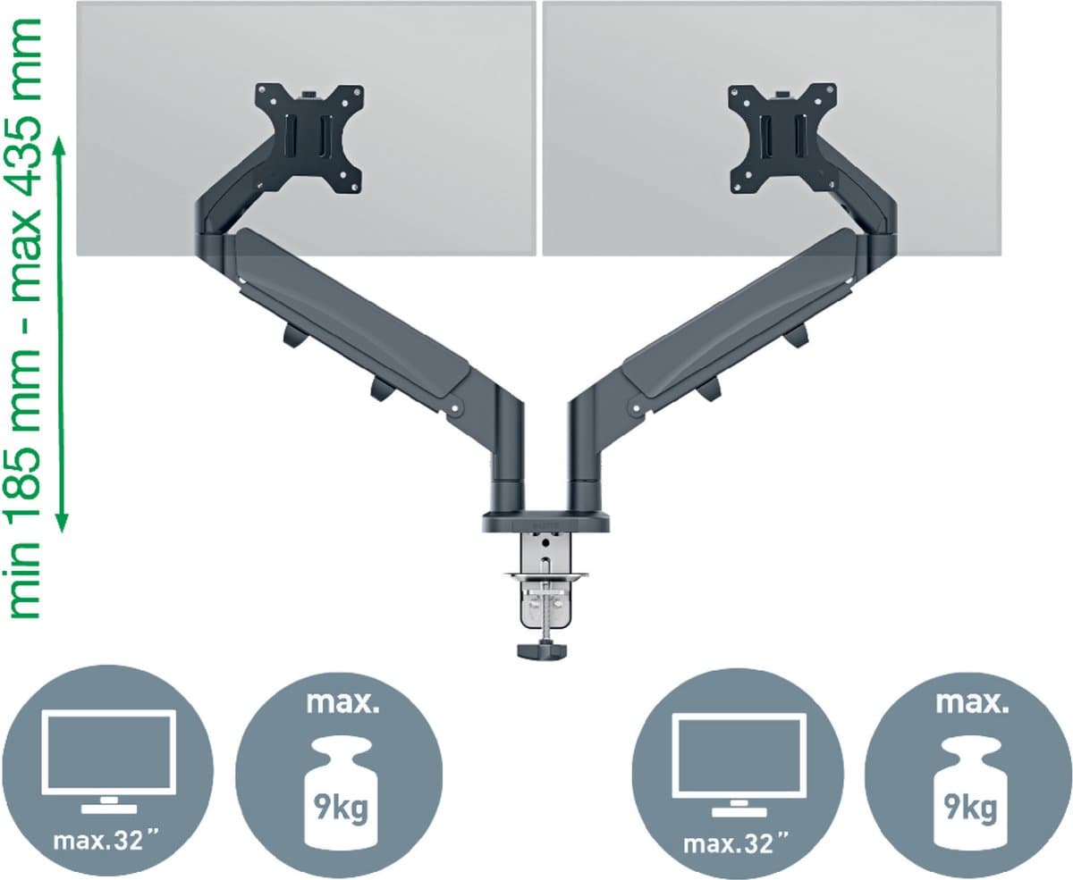 Leitz Ergo Ruimtebesparende Monitor arm - Tot 32" & 9kg - Voor 2 Schermen - Bureaubevestiging - Donkergrijs thumbnail 8