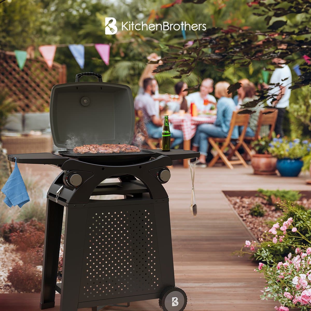 KitchenBrothers Gas BBQ - Staand en Tafelmodel Barbecue - 2 Branders - PFAS Vrij - Tafelbarbecue - Anti-aanbaklaag - 37x48 cm Grilloppervlak - Zwart thumbnail 2