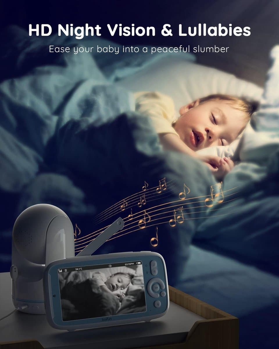 BOIFUN Video Babyfoon, 5-inch 720P IPS Full Color Scherm, 360 Camera, ECO-modus, 3050mAh Batterij, Geen Wifi, Nachtzicht, Tweerichtingsaudio, Voedingsherinnering, Temperatuursensor, Slaapliedjes thumbnail 7
