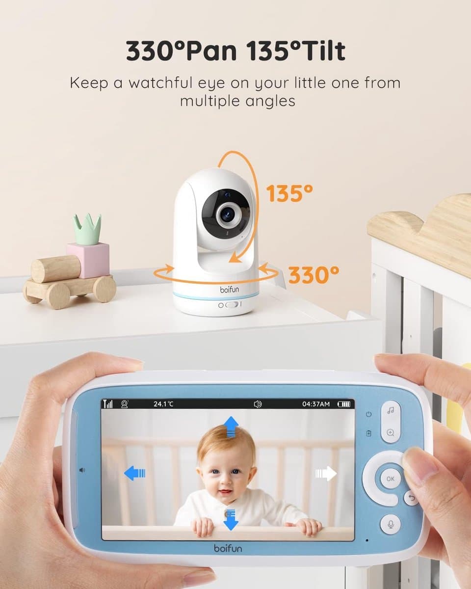 BOIFUN Video Babyfoon, 5-inch 720P IPS Full Color Scherm, 360 Camera, ECO-modus, 3050mAh Batterij, Geen Wifi, Nachtzicht, Tweerichtingsaudio, Voedingsherinnering, Temperatuursensor, Slaapliedjes thumbnail 6