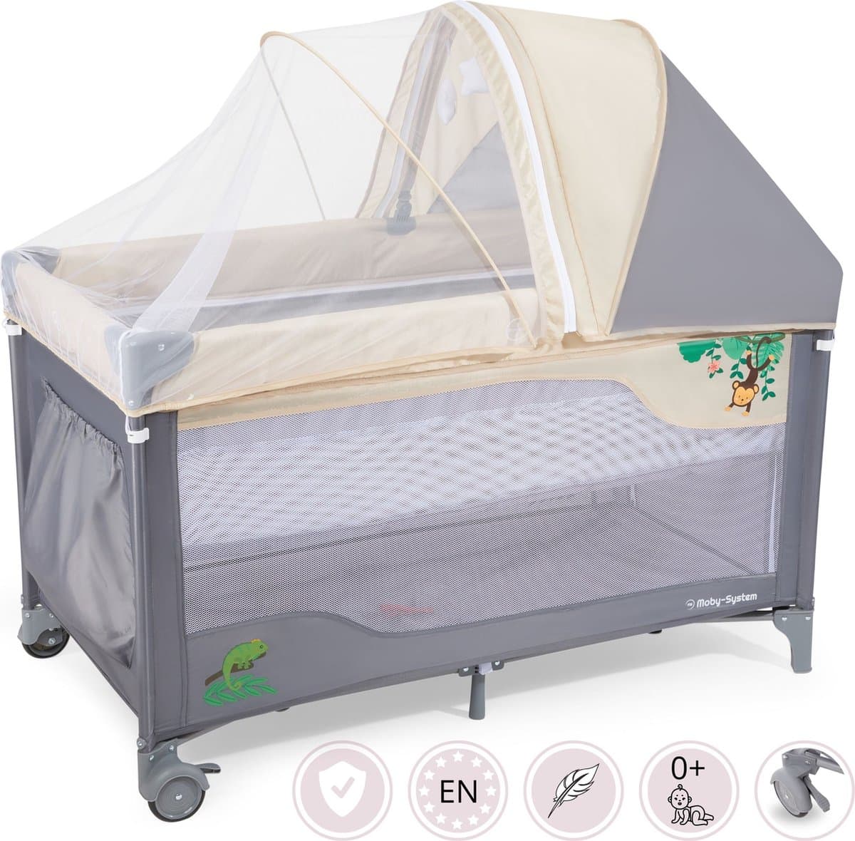 Moby-System Campingbedje - Reisbedje baby - met matras commode bodemverhoger en Klamboe - inklapbare box thumbnail 7
