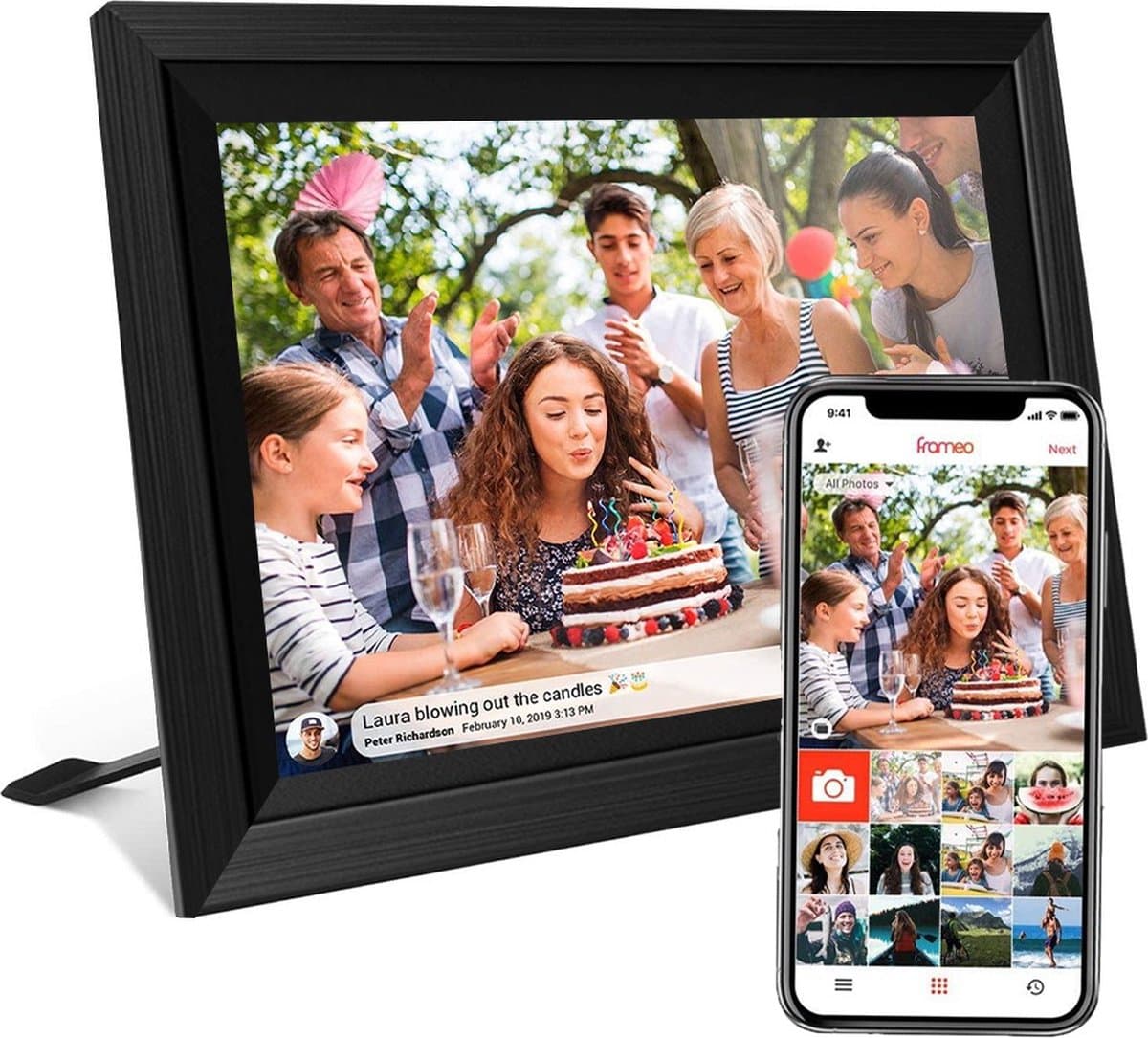 Digitale fotolijst met WiFi en Frameo App - 10.1 inch HD+ IPS Display - Fotokader met Touchscreen - 32GB - Zwart/Zwart - Frameo digitale fotolijst - digitale fotokader - digitaal fotolijstje - afbeelding 1