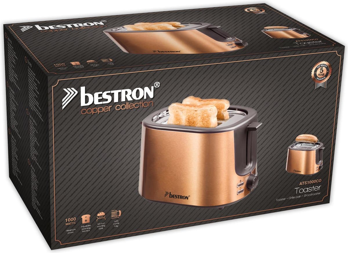 Bestron Broodrooster ATS1000CO - 1000W - 7 Bruiningsniveau's - 2 Broodsleuven voor 2 boterhammen - Koper - 5 jaar garantie thumbnail 5