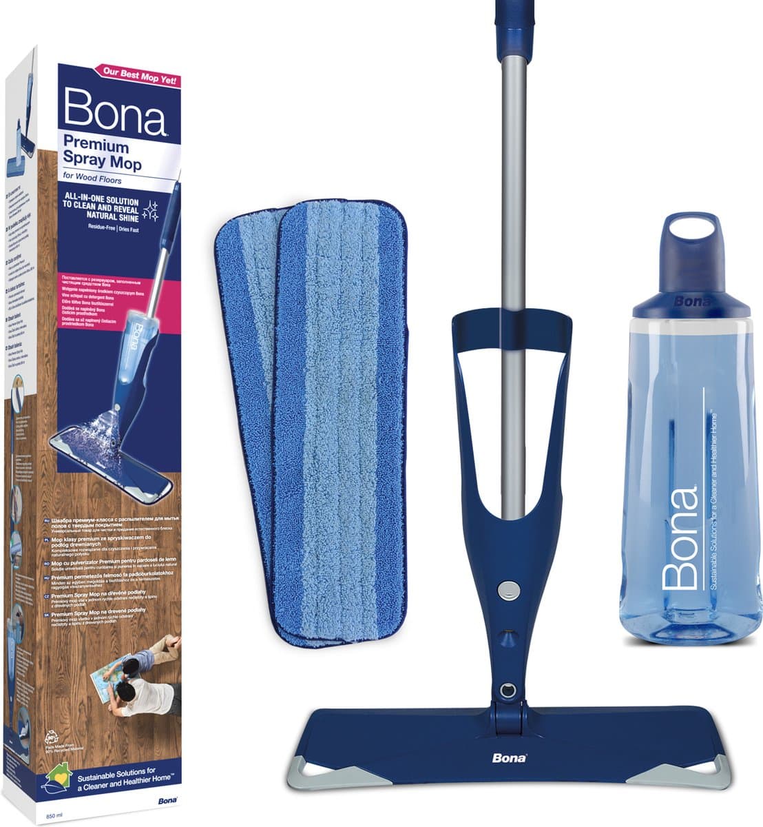 Bona Premium Spray Mop - Alles-in-1 Dweilsysteem - Vloerwisser met Spray - Inclusief Houten Vloer Reiniger & 2 Microvezel Reinigingspads - Dweil - Streeploos - Sneldrogend