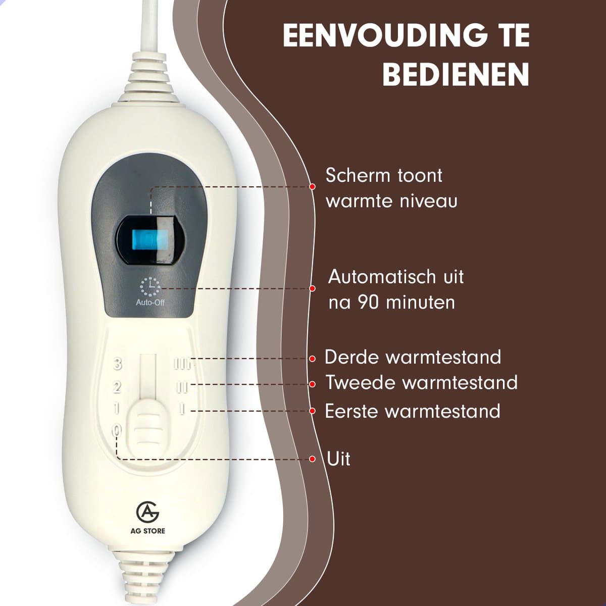 AG170 Elektrische deken - bovendeken 160x120cm - elektrisch - wasbaar -Met Timer en Overhittingsbeveliging - 3 temperatuurstanden -Bedrade Afstandsbediening - Energiezuinig -Bruin- 1-Persoons thumbnail 7
