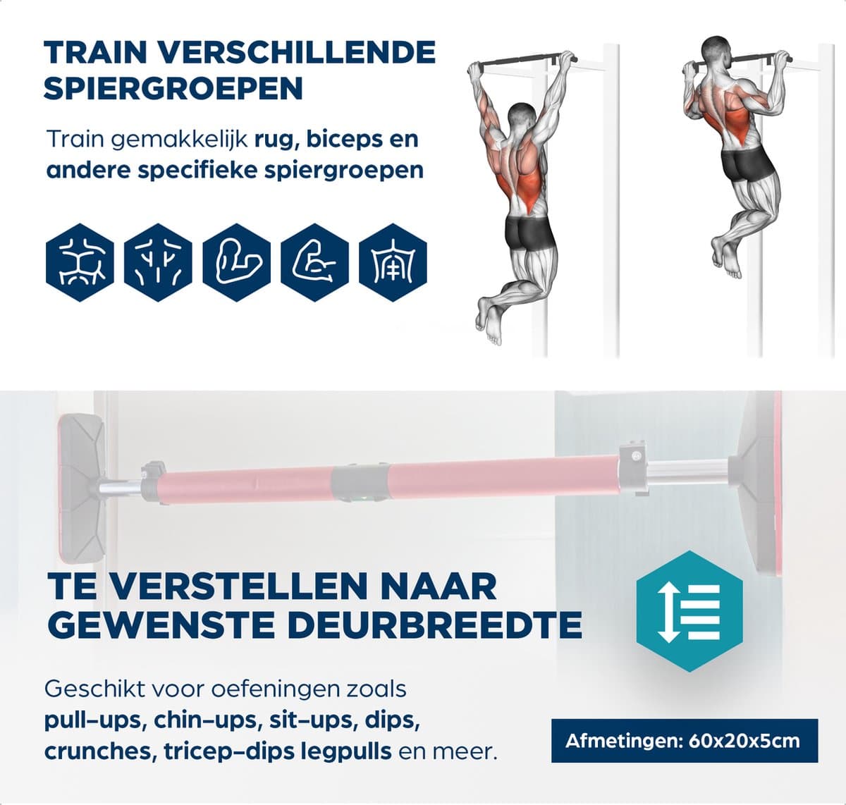SOUTHWALL Pull Up Bar Deurpost – Optrekstang zonder schroeven – Incl. Waterpas – Krachttraining – Home Gym – Chin Up Bar – Pull Up Station – Buikspiertrainers – Max 150 kg – Zwart/Rood thumbnail 5