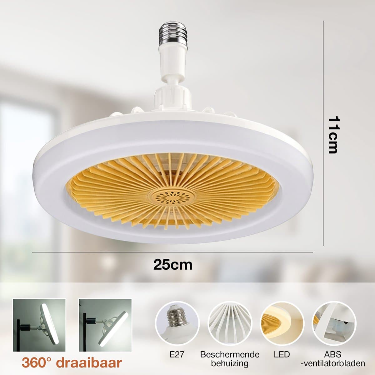 MUPOO Plafond ventilator met LED verlichting E27 Fitting met 360° Draaibaar - APP & Afstandsbediening -Eenvoudige Installatie -Snel te Installeren - 3 Snelheden & Dimbaar - Mini lamp ventilator plafond Voor Slaapkamer & Keuken -Geel thumbnail 8