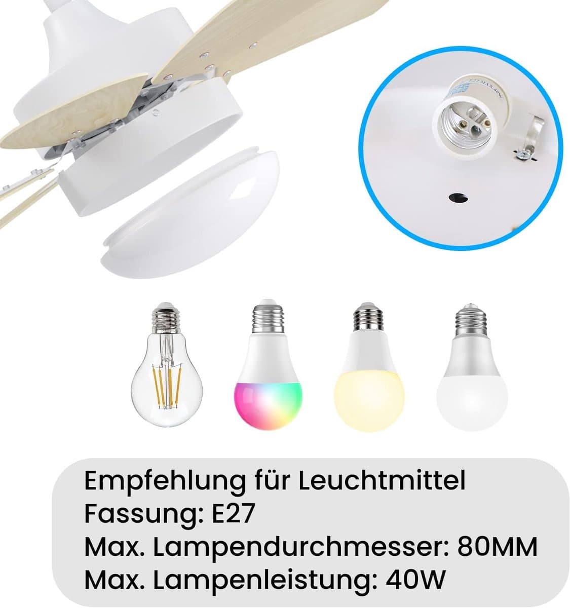 Glitzerlife - Plafond ventilator met verlichting - stille plafondventilator - stil met afstandsbediening en timer - Ø75cm - houtlook - plafondlampen met ventilator voor woonkamer en slaapkamer thumbnail 5
