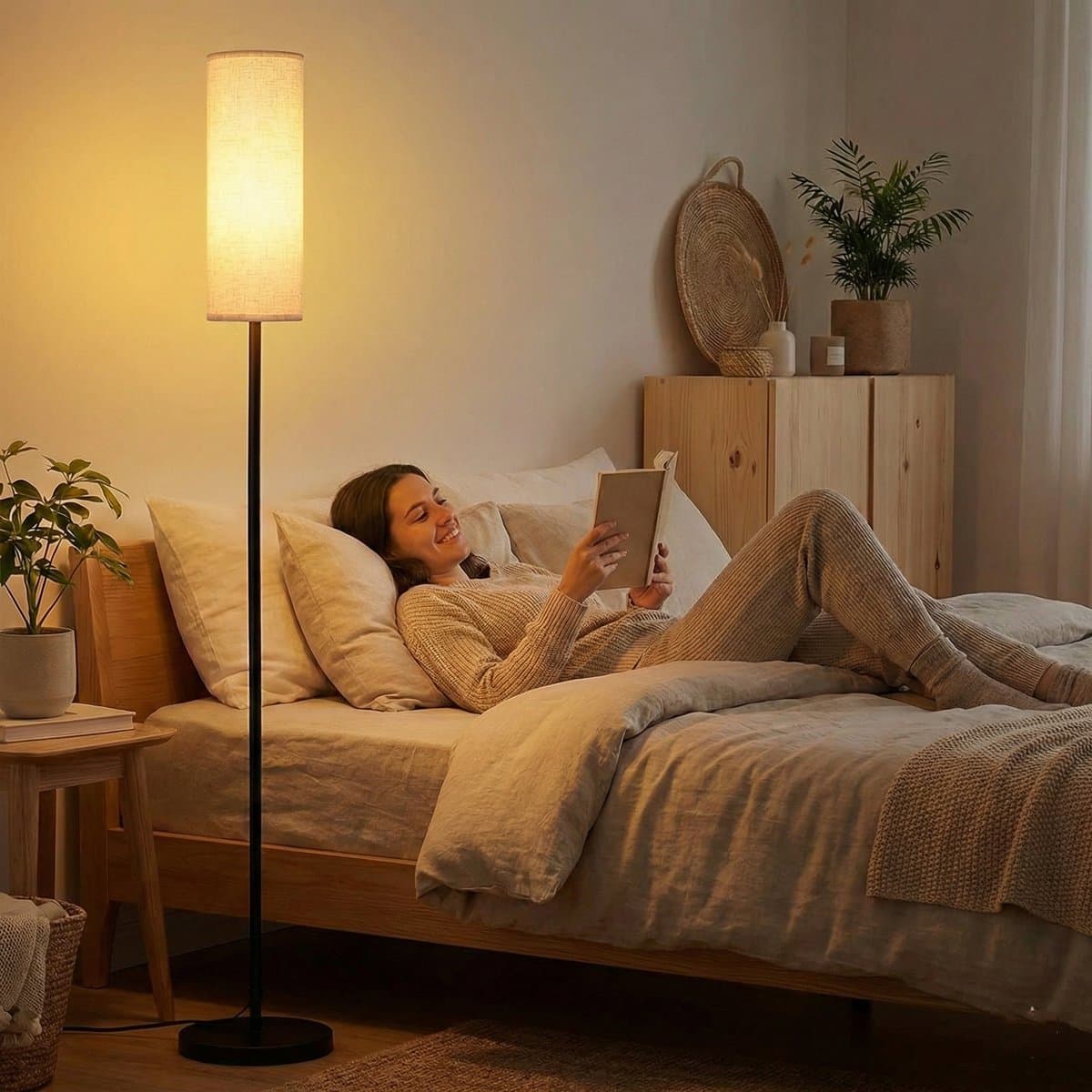 MUPOO Scandinavisch Vloerlamp met Linnen Kap 173cm- Hoeklamp Ruimtebesparend -Incl 3-Kleuren Staande Lamp- Voetschakelaar -voor Woonkamer & Kantoor thumbnail 8