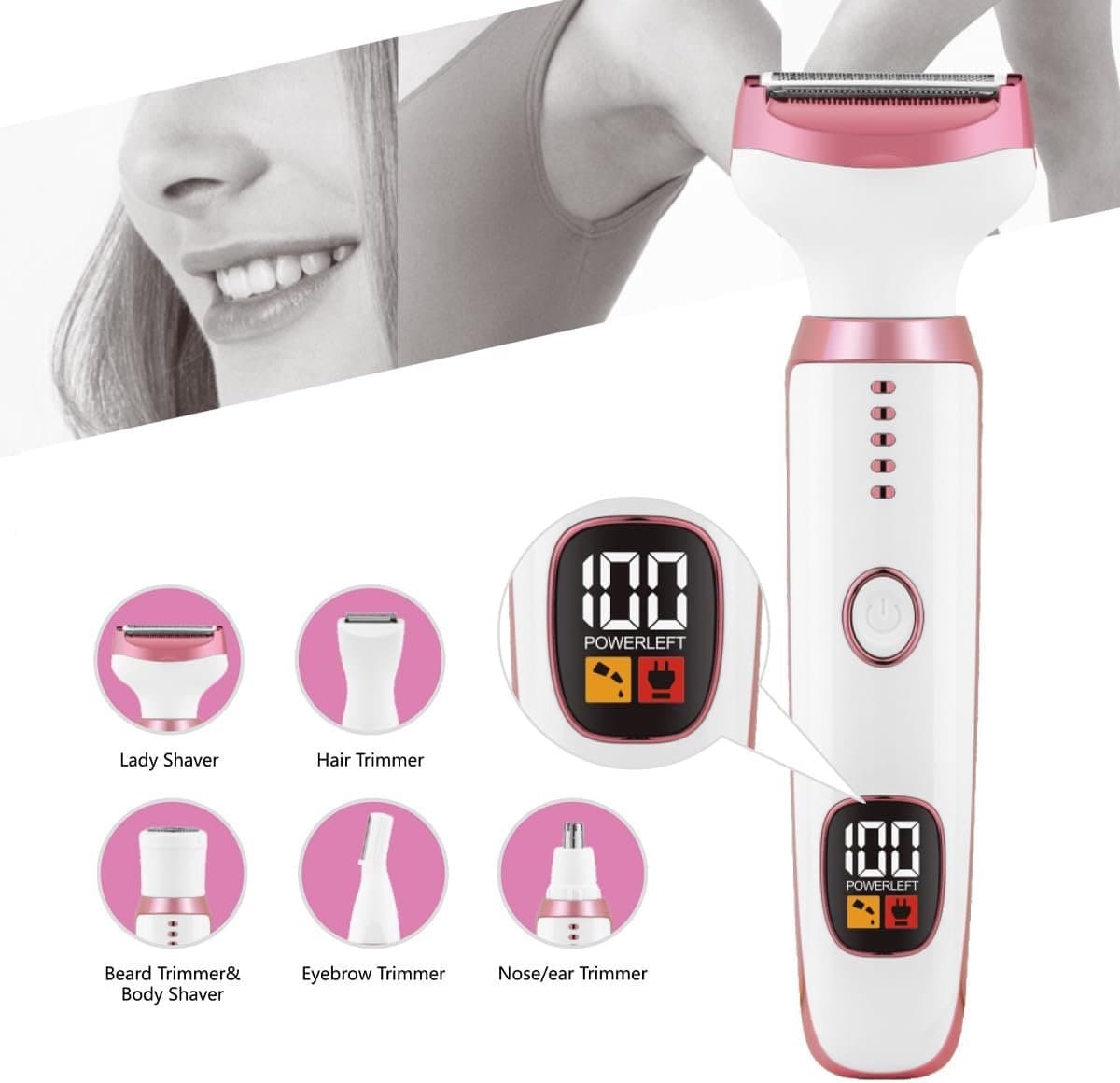 5-in-1 Elektrisch Epilator voor Vrouwen - Oplaadbare Bikinischaaf met Digitale Batterij-indicator - Verwisselbare Opzetstukken voor Gezicht, Lichaam en Intieme Zones - USB-C - Wit thumbnail 6