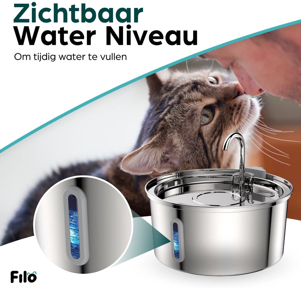 Filo Fluisterstille RVS Drinkfontein Kat & Hond 3.2L + 2 Filters & Schoonmaakstaafje - Waterfontein Kat - Kattenfontein - Fontein - Waterbak - Waterfontijn Katten - Drinkfontijn - Honden thumbnail 5