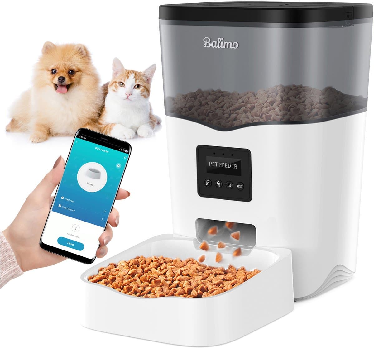 Balimo Automatische Voerbak - 3L - Voerautomaat met App - Smartphone Besturing - Voor Katten en Honden - Droogvoer - WiFi - Automatische voerbak kat - Wit