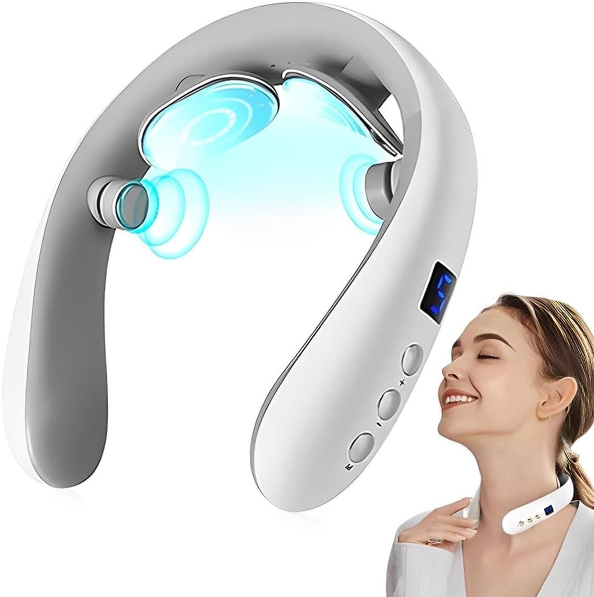 Nek Massager met Warmte - Elektrische Pulse Nek Massage - Draadloze Nekologie Intelligente Massager - Elektrisch Nekmassage Apparaat - Infrarood - Nek en Schouder Massage apparaat - wit
