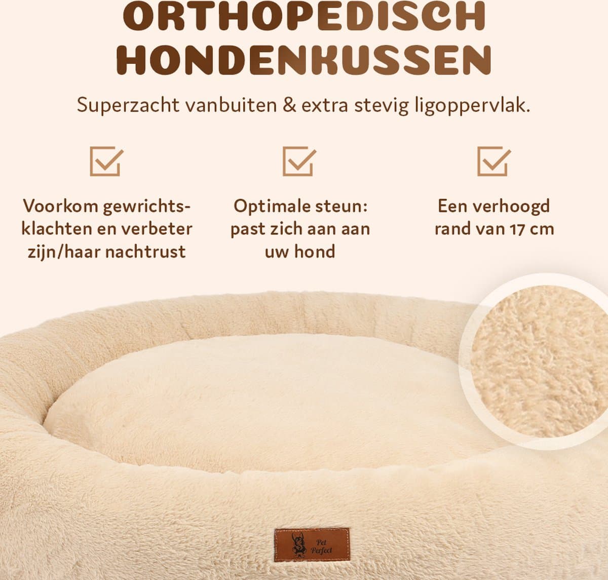 Pet Perfect Orthopedische Hondenmand – Donut Hondenmand – Hondenkussen – Hondenbed – Wasbaar - 80 cm - Beige thumbnail 3