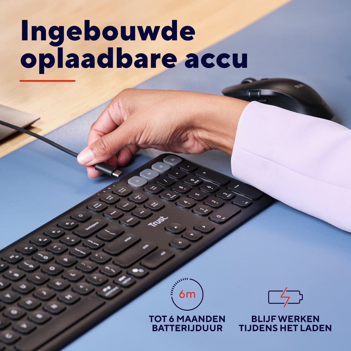 Trust Vaiya - Draadloos Toetsenbord - Multidevice - Full-size Numpad - Scissor Toetsen - US/QWERTY - Zwart thumbnail 4