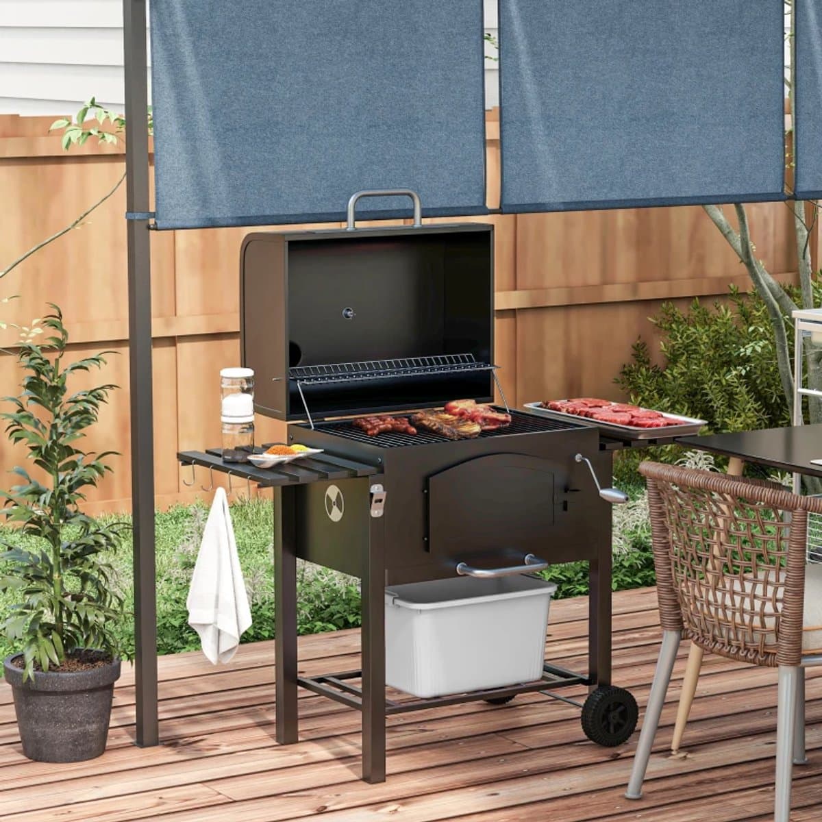 Premie 3-in-1 Houtskool Barbecue - Smoker Barbecue met Rookfunctie - Houtskoolgrill - met Verstelbaar Houtskoolcompartiment, Deksel, Handgrepen, Thermometer, Wielen - BBQ voor Kamperen, Buiten, Tuin - 124 x 66 x 112 cm - Zwart thumbnail 4