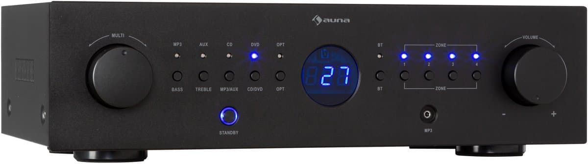 Auna Versterker, HiFi Stereo Mini Versterker, HiFi-versterker met Bass- en Treble-regelaar, 4-kanaals Audioversterker, Stereo Versterker & Luidsprekers met Afstandsbediening & AUX-ingang, AV-receiver - Amplifier - 100W - voor PA - Bluetooth MP3