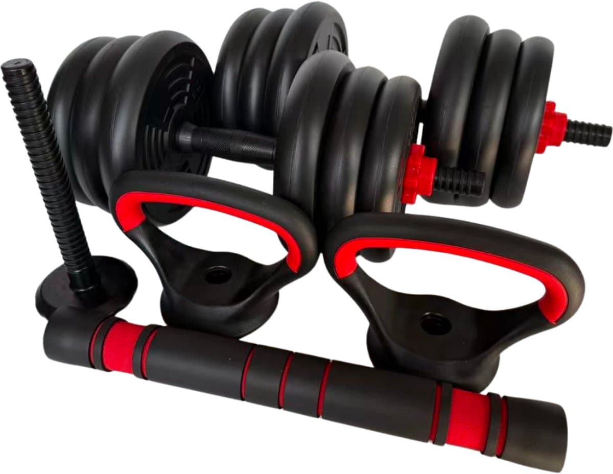 Truskore Halterset 20 KG - Dumbbell - Kettlebell - Gewichten Set - Opdruksteunen - Verstelbare Dumbells Set - Dumbbells - Dumbbell Set - Zwart/Rood
