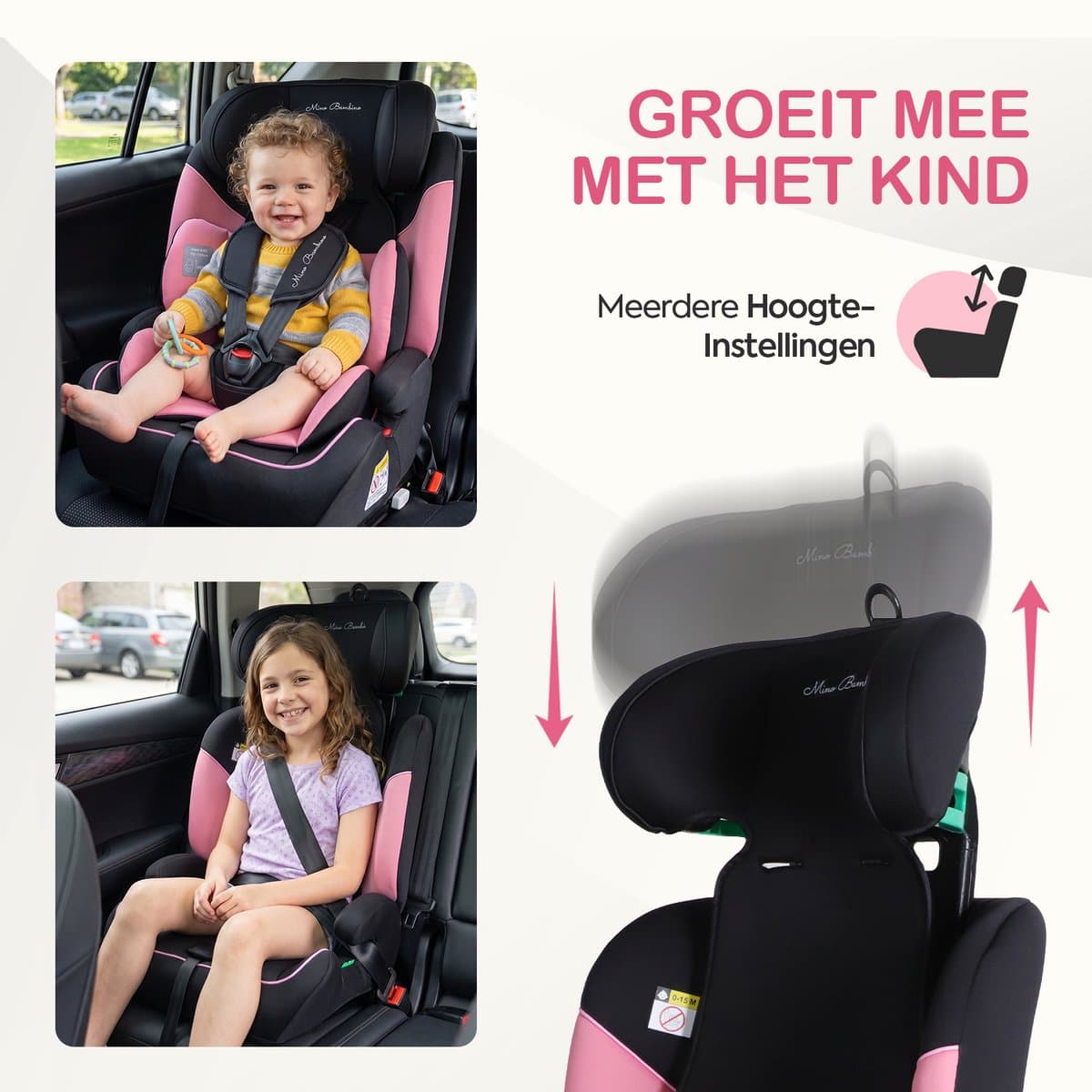 Mino Bambino i-Size Autostoel – Isofix - Groep 1/2/3 9-36 kg (76 tot 150 cm) - 15 maanden tot 12 jaar – Roze thumbnail 7