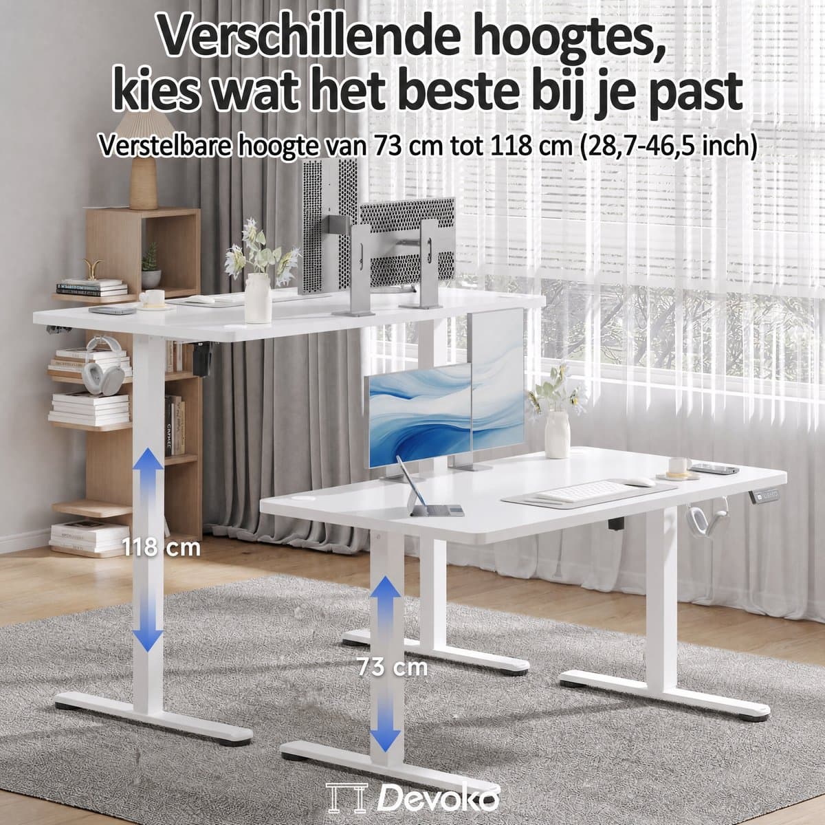Devoko Elektrisch Zit-sta Bureau 180x80 cm – Stille Motor met Geheugenfunctie – 4 Knoppen Handbediening – Ruim Bureau – Wit thumbnail 2