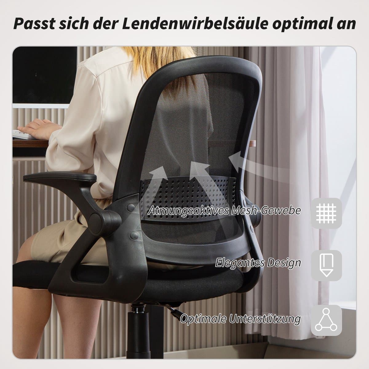 Ademende mesh-bureaustoel, ergonomische draaistoel met neerklapbare armleuningen en lendensteun, zwart thumbnail 6