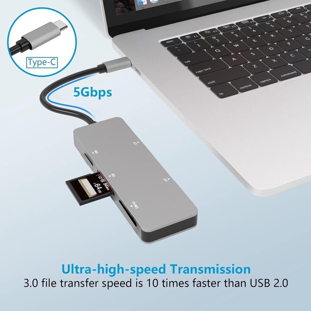 Kaartlezer - Geheugenkaartlezer - Snelle Data Overdracht - 5-in-1 Slot Ontwerp - USB 3.0 - Aluminium thumbnail 2