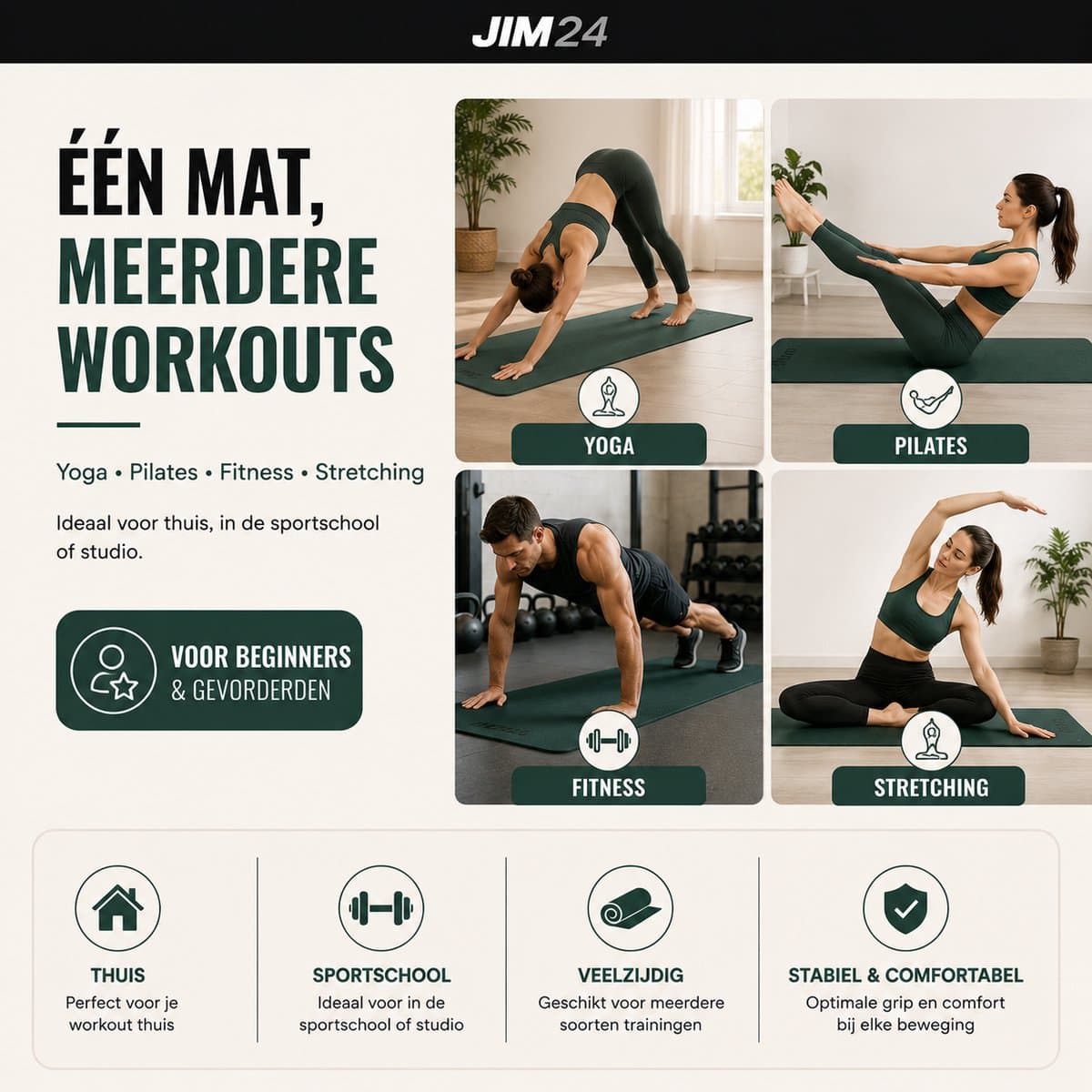 Jim24 Yogamat - Yoga Mat Antislip - Fitness Mat - Sportmat - Pilates Mat - Slijtvast - Extra Dikke Gym Mat - Duurzaam TPE - Incl. Draagtas en Riem - Olijfgroen thumbnail 2