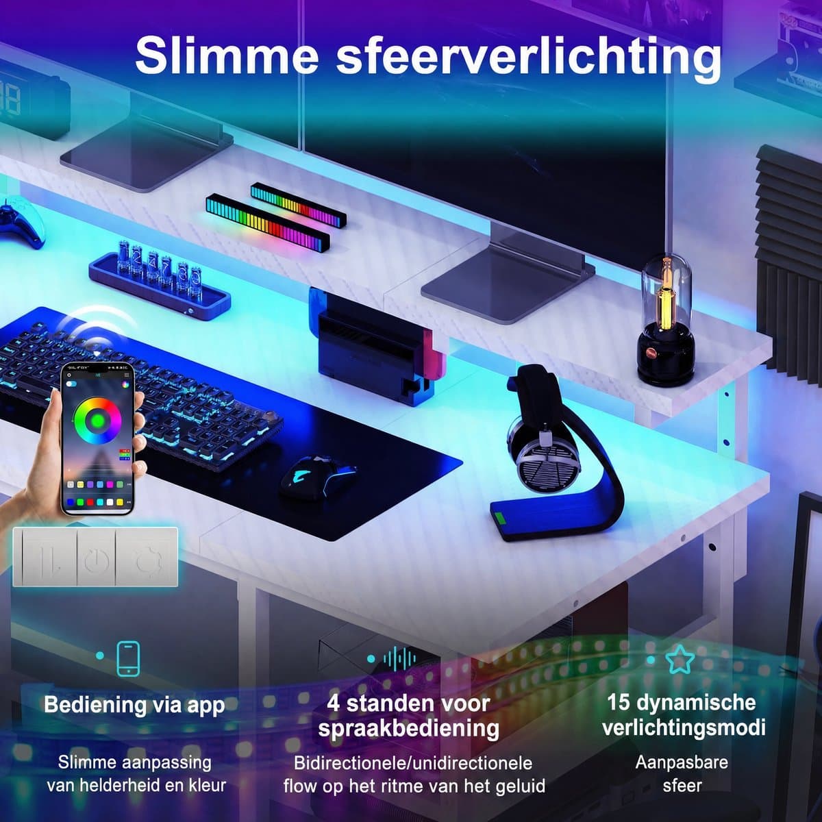 Devoko L-Vormig Gaming Bureau 135 x 50/40 x 73.5/88.5 cm – Met RGB LED-Lichtstrook – 12 mm E1 Spaanplaat – Koolstofvezel Wit – Inclusief EU Stekkerdoos met 2 USB – Wit thumbnail 4