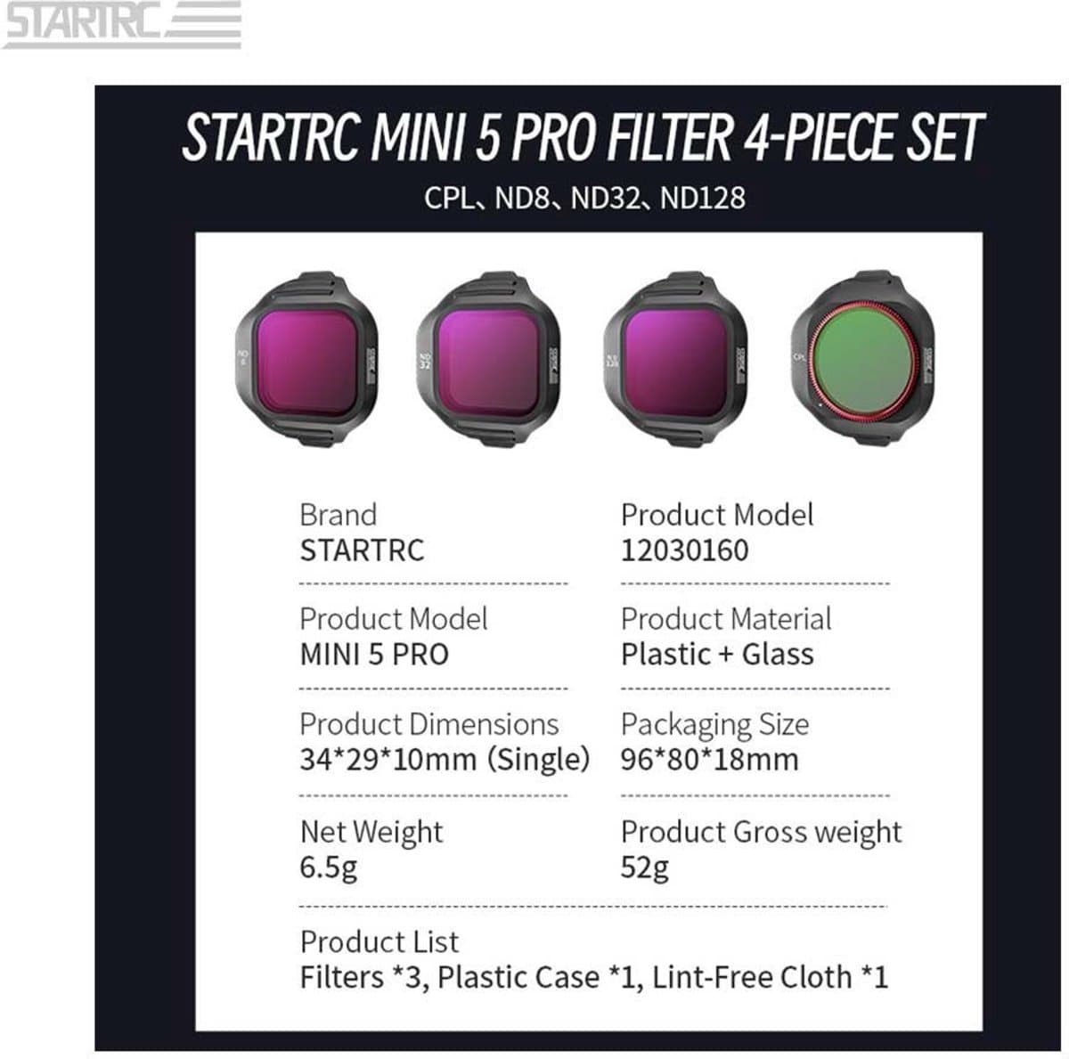 StartRC DJI Mini 5 Pro - Drone Filter Set - ND8 ND32 ND128 CPL - Camera Lens Filters - 4-Pack thumbnail 8