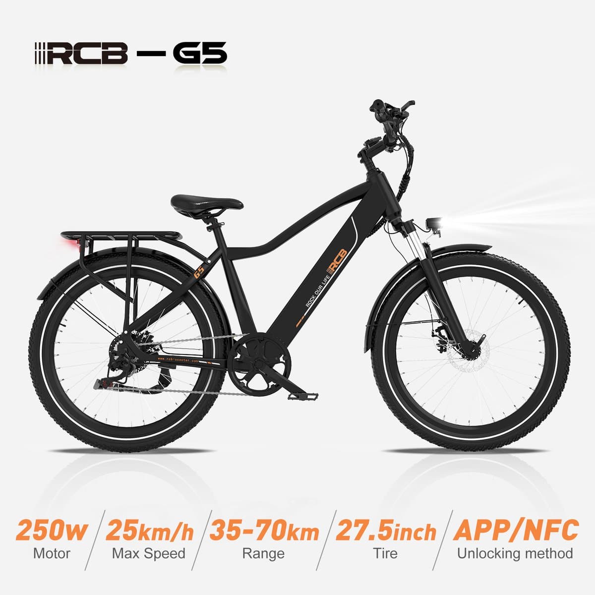 RCB G5 Elektrische Fiets, Trendy 80km City Commuter EBike, 250W, 36V 13Ah, Voorvorkvering, 7 Versnellingen, App, NFC & LCD, Lichtgewicht Aluminium, Zwart, Dames/Heren thumbnail 7