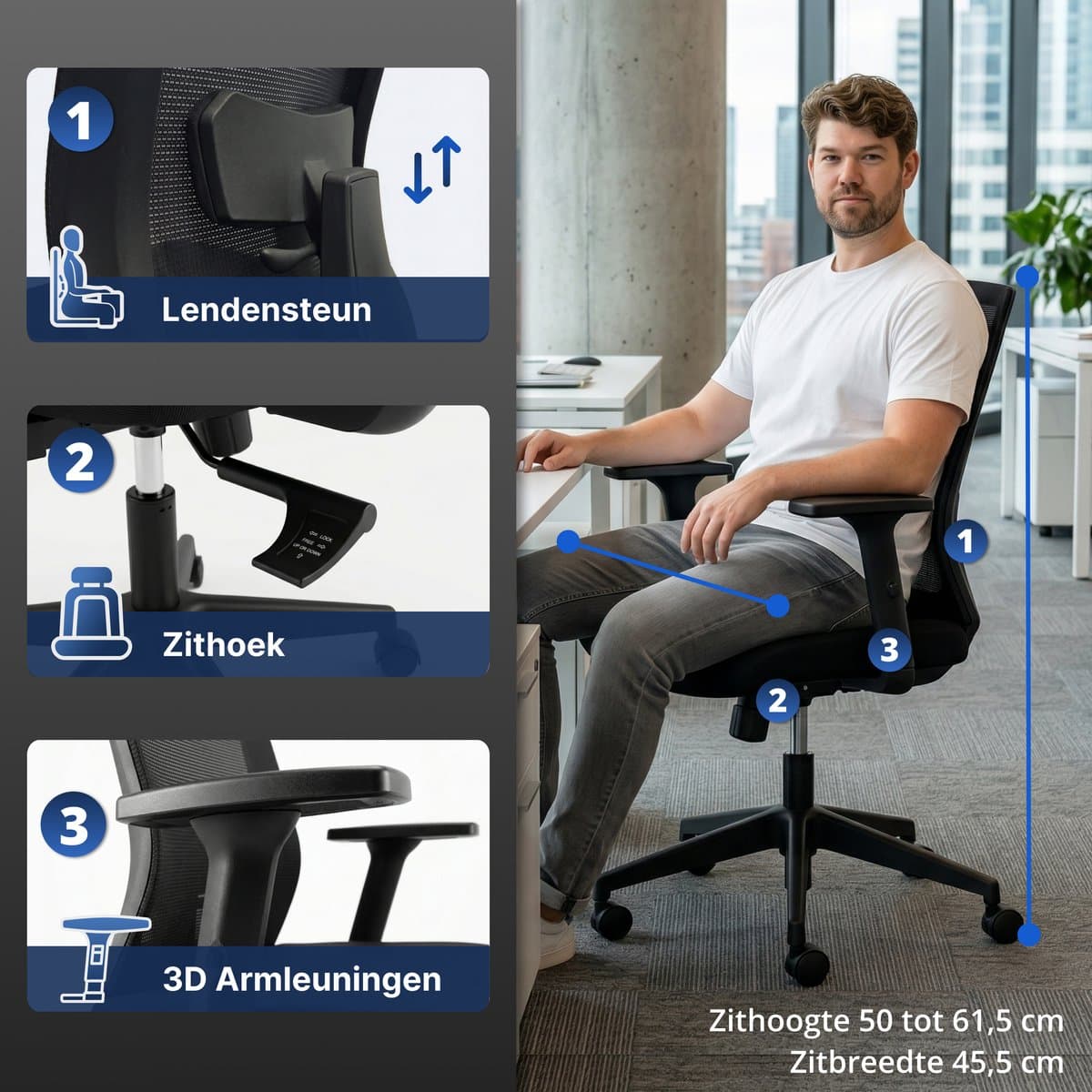Backerz Ergonomische Bureaustoel - Bureaustoelen voor Volwassenen tot 140kg - Low Back Office Chair - NEN-EN1335 - Zwart thumbnail 7