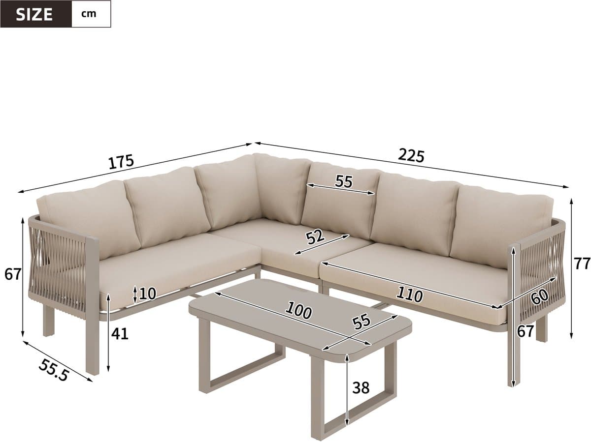 Tuinmeubelset voor 6 personen - hoekbank - glazen tafelblad - geweven van textilene touw - inclusief eettafel - bank - stoelen en bank - khaki thumbnail 2