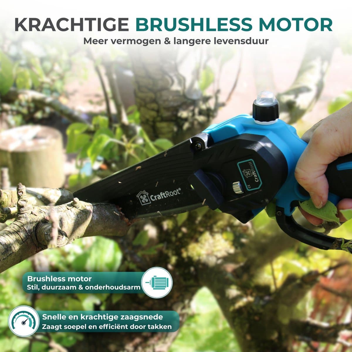 CraftRoot Elektrische Mini Kettingzaag - Draadloze Compacte Kettingzaag met Automatische Kettingsmering - Handkettingzaag - Snoeizaag - Takkenzaag - 2x 4.0Ah Accu's - Opberg Koffer - Brushless thumbnail 4