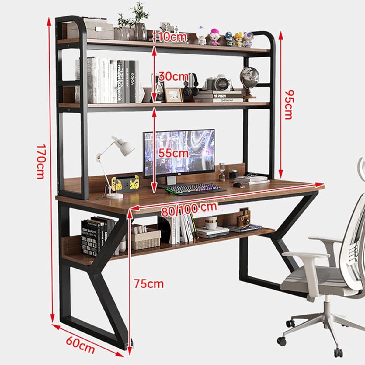 Bureau met opbergkast - Werktafel met plank - Thuiswerken organiseren - Stabiele K-vormige poten - 80x60x170cm - Wit thumbnail 6