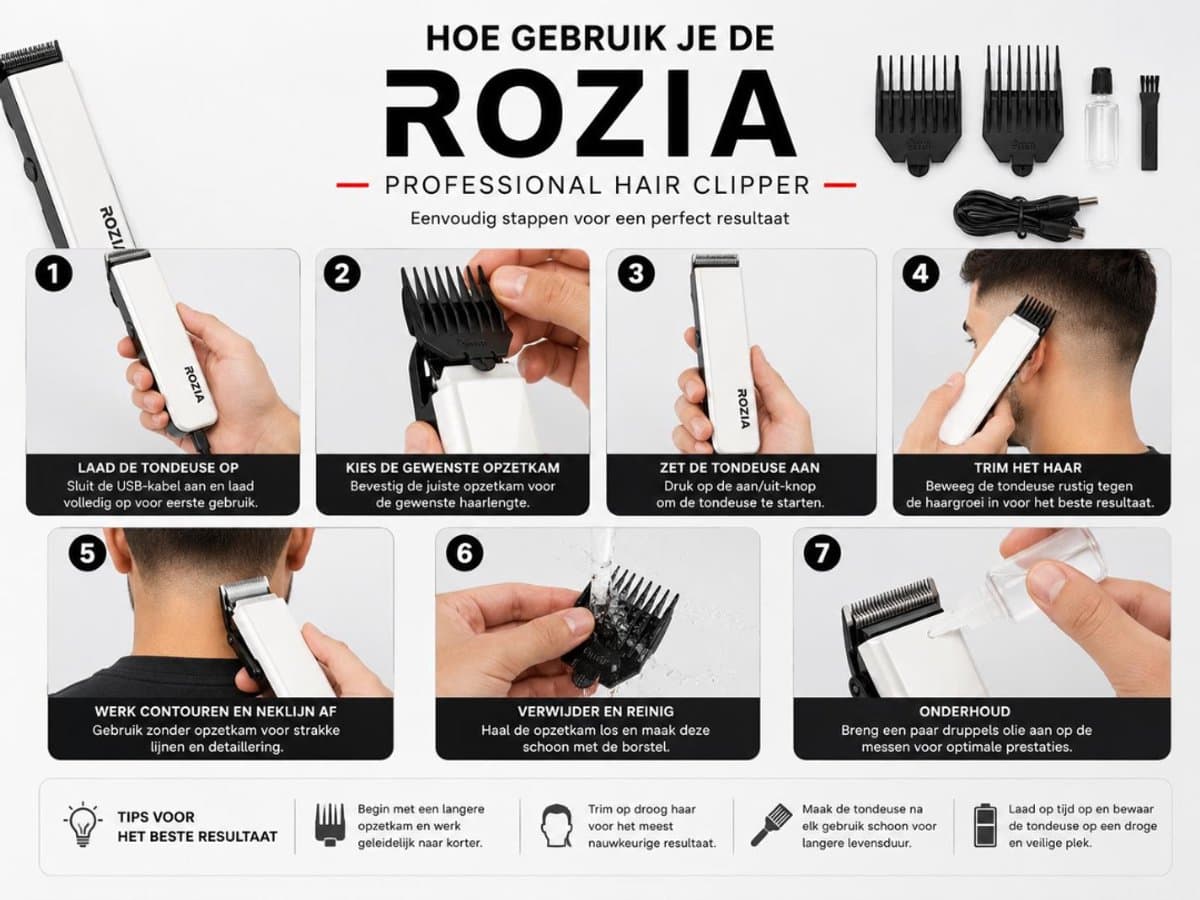 ROZIA HQ203 Professionele Tondeuse – Draadloze Haartrimmer – USB Oplaadbaar – Inclusief 2 Opzetkammen – Haar- en Baardtrimmer voor Mannen – Wit thumbnail 3