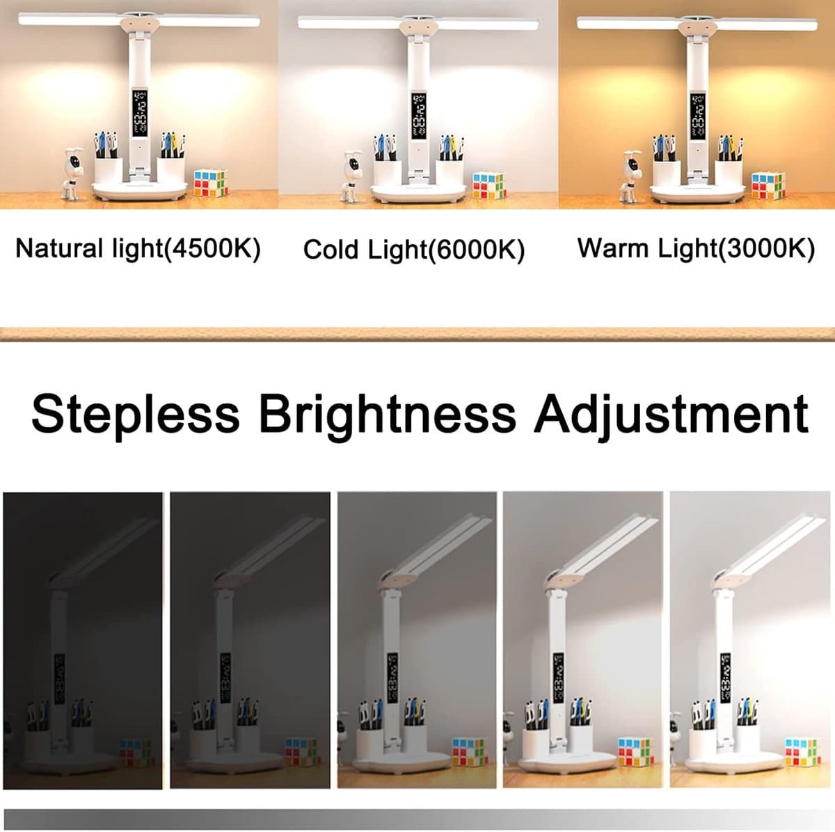 LED-bureaulamp - Bureaulamp voor op kantoor - Dimbaar, oplaadbaar, draadloos - Met klok, pennenhouder, lcd-scherm, kalender en temperatuurweergave - 3 lichtkleuren - 3200 mAh batterij - Unisex - Wit thumbnail 6