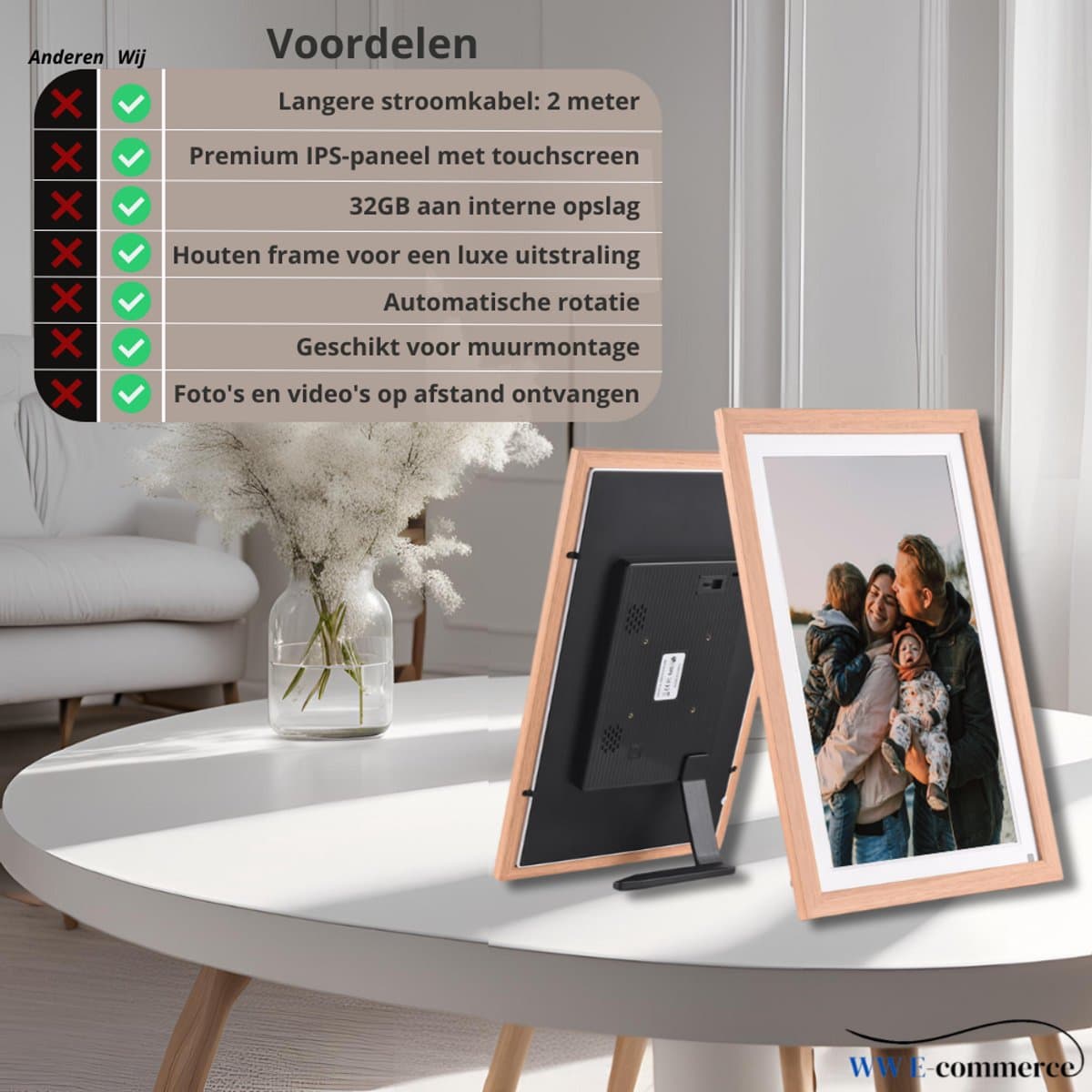 WessView Digitale Fotolijst 15.6 inch - WiFi & Frameo App - XL Ultra HD Fotokader - 32 GB Intern Geheugen - Touchscreen - Luxe Houten Frame thumbnail 4