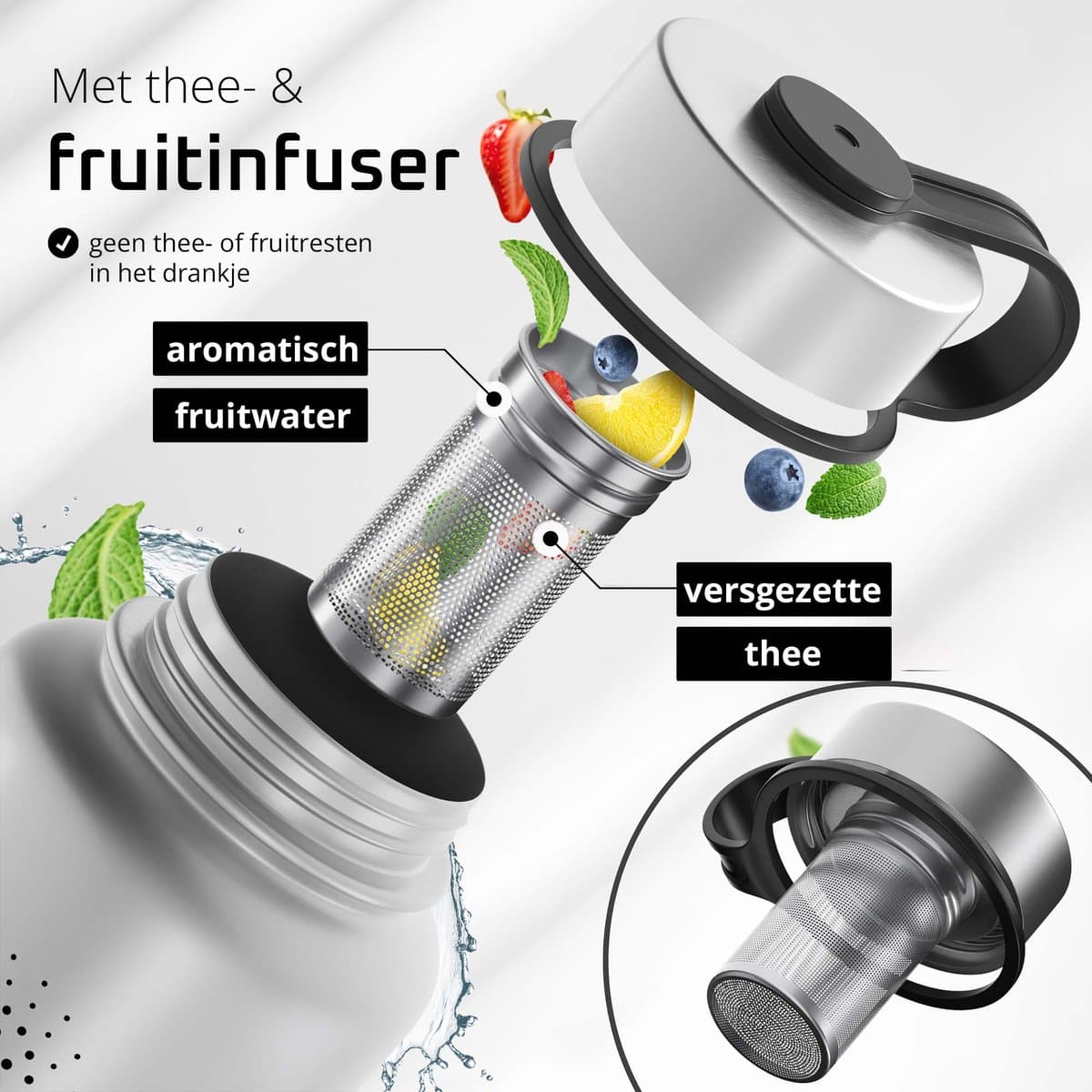 bemaxx Drinkfles met Rietje RVS Thermosfles ACTIVE FLASK (3 Drinkdoppen met Infuser), Volwassenen Kinderen, BPA-Vrij + Lekvrij | 1 Liter/500 ml Isoleerfles, Vacuüm Waterfles Sport Fitness Fietsen Water Fles Waterbidon Sportbidon thumbnail 3