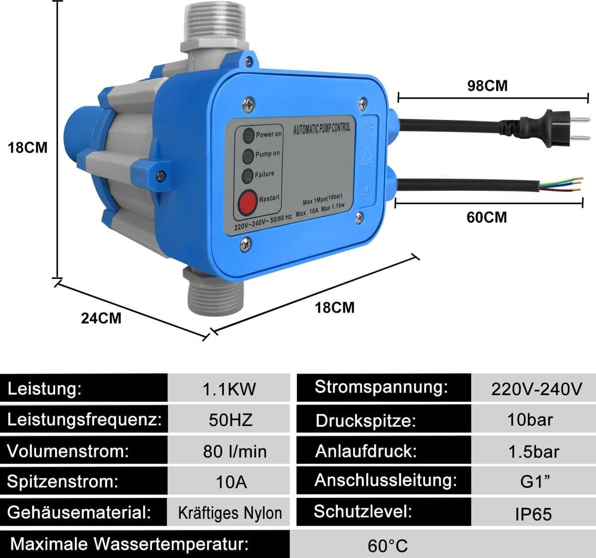 Automatische Drukschakelaar voor Waterpomp 10 bar – Pompbesturing 1,1 kW IP65 - Constante Waterdruk voor Huis & Tuin thumbnail 2