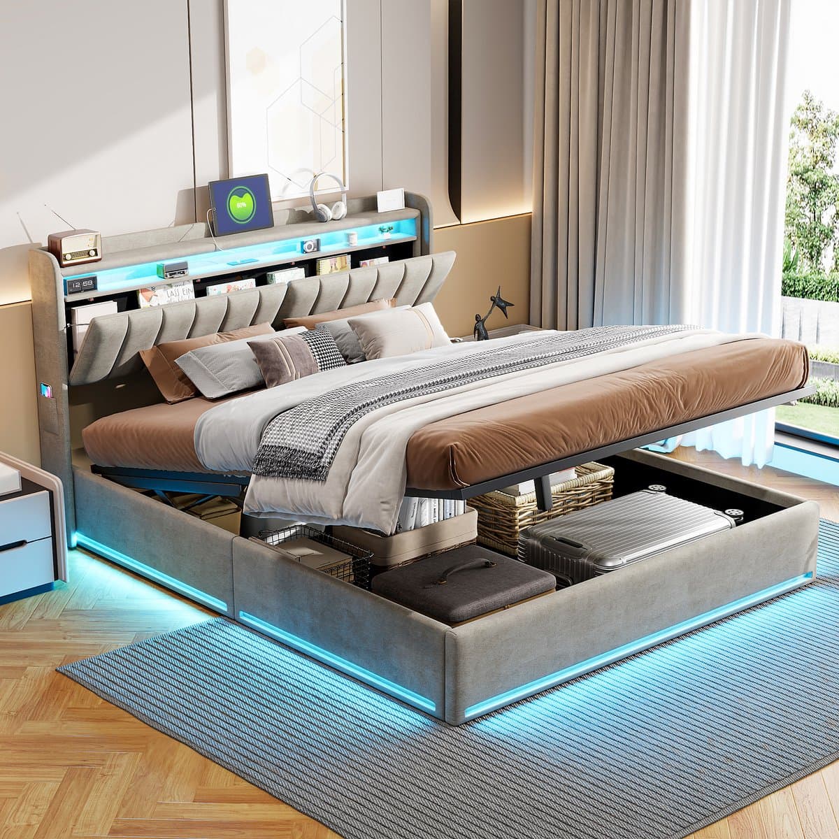 Grijs Fluwelen Bed 160x200 cm met LED USB en Opbergruimte Hydraulisch Tweepersoonsbed met Hoofdbord thumbnail 2