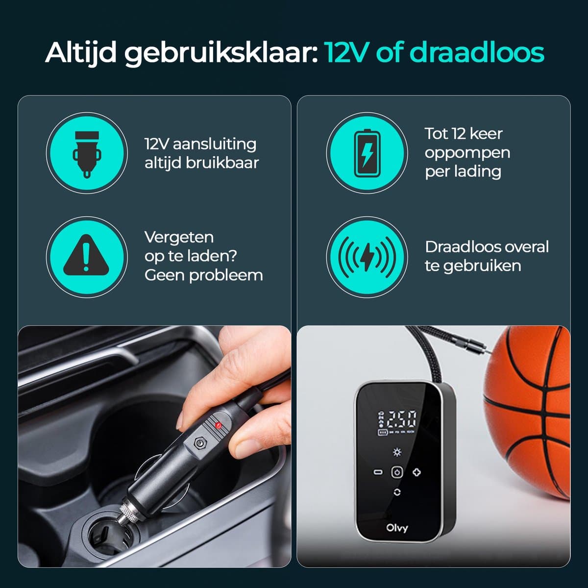 Olvy Compressor Bandenpomp - 12V & Draadloos - Draagbare Luchtcompressor - 6000 mAh - Elektrische Fietspomp - Fiets/Auto/Motor/Bal/Luchtbed thumbnail 3