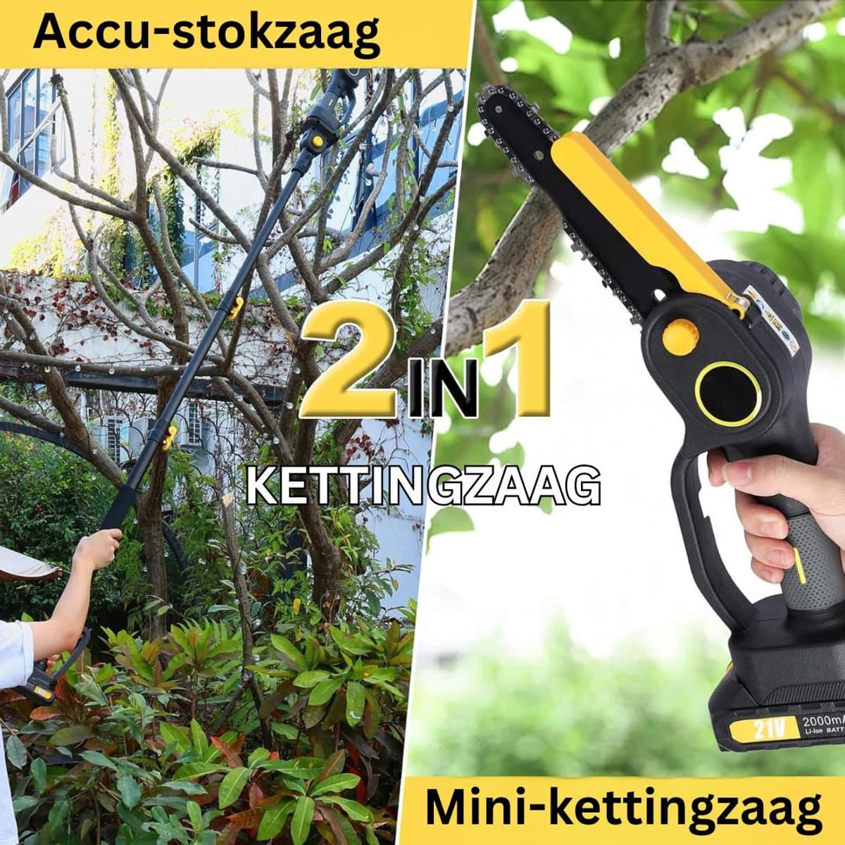 MKSS® Telescopische Snoeischaar - Mini Kettingzaag - Heggenschaar - Takkenschaar - Takkenzaag - Elektrische Snoeizaag met Accu - Zwart en Geel thumbnail 2