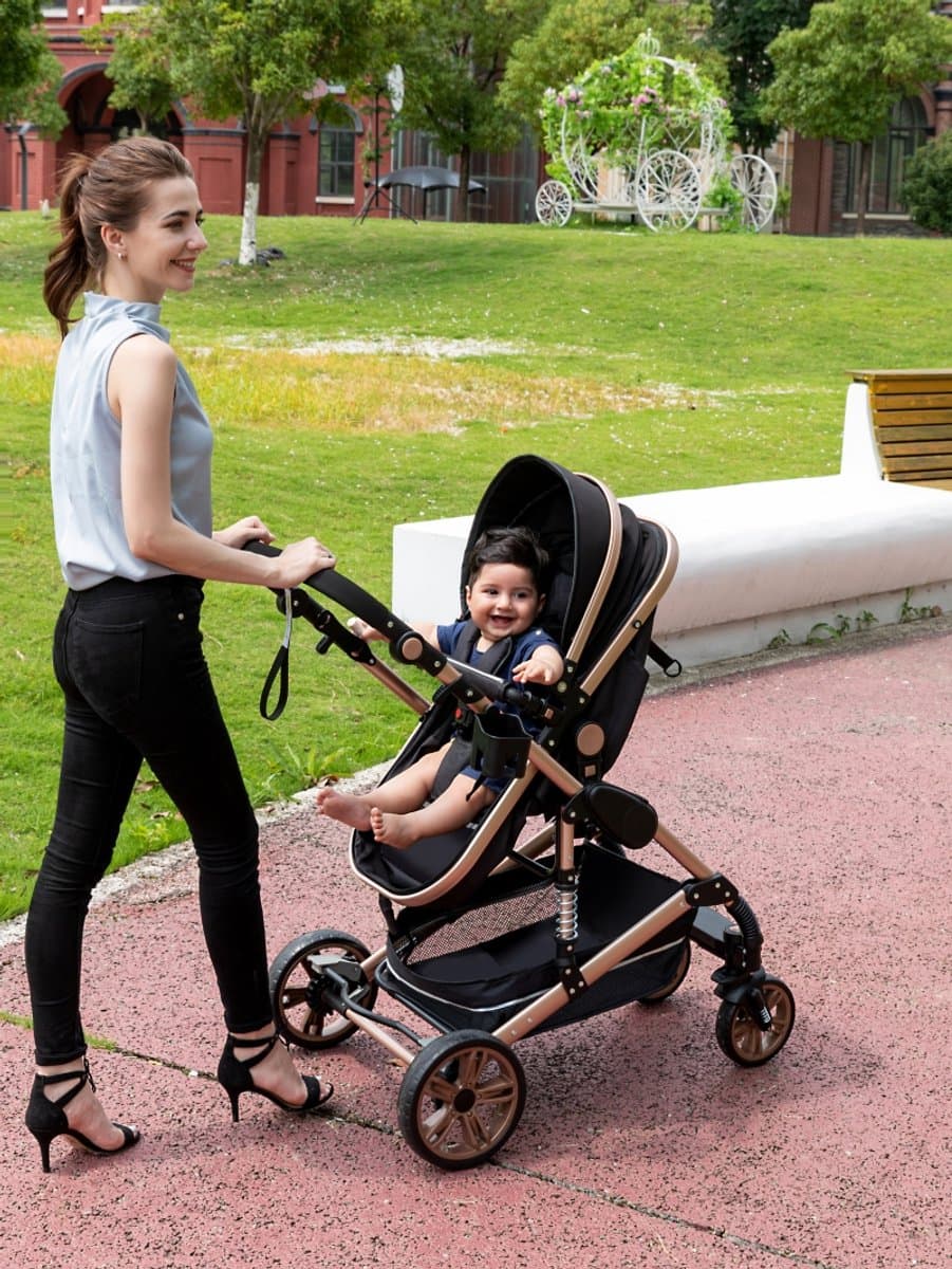 Premium 3-in-1 Kinderwagen - Draagbaar, Opvouwbaar, met Vering - Aluminium Frame - Inclusief Autostoel - Kwalitatieve Buggy voor Pasgeboren Baby - Luxe Multifunctionele Combi Kinderwagen - Roze/Zwart thumbnail 4