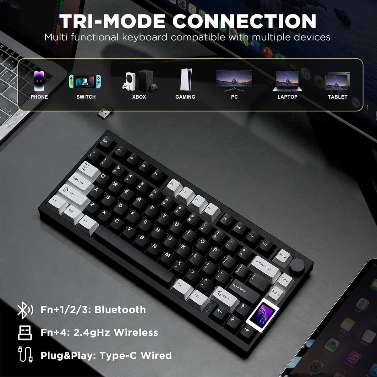 Yunzii AL80 - Zwart - Aluminium Mechanisch Draadloos Toetsenbord - 75% - Qwerty - Gaming Keyboard - RGB Lichten - Cacao Cream V2 Switch thumbnail 3