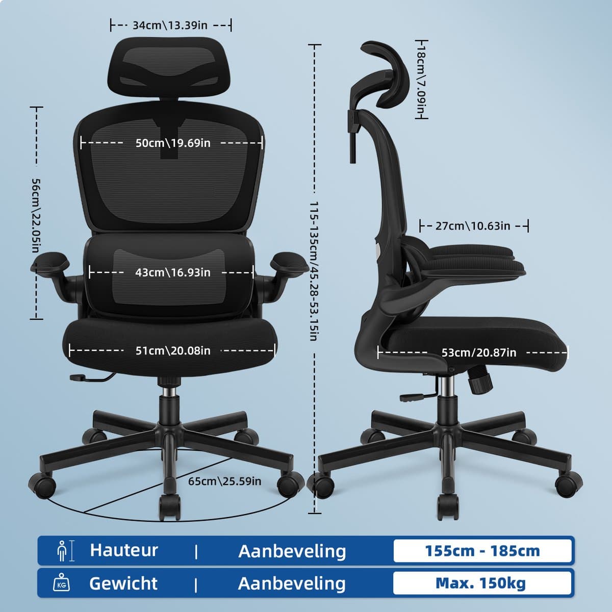 Elekiatech Bureaustoel - opklapbare armen, ergonomisch verstelbaar thumbnail 7