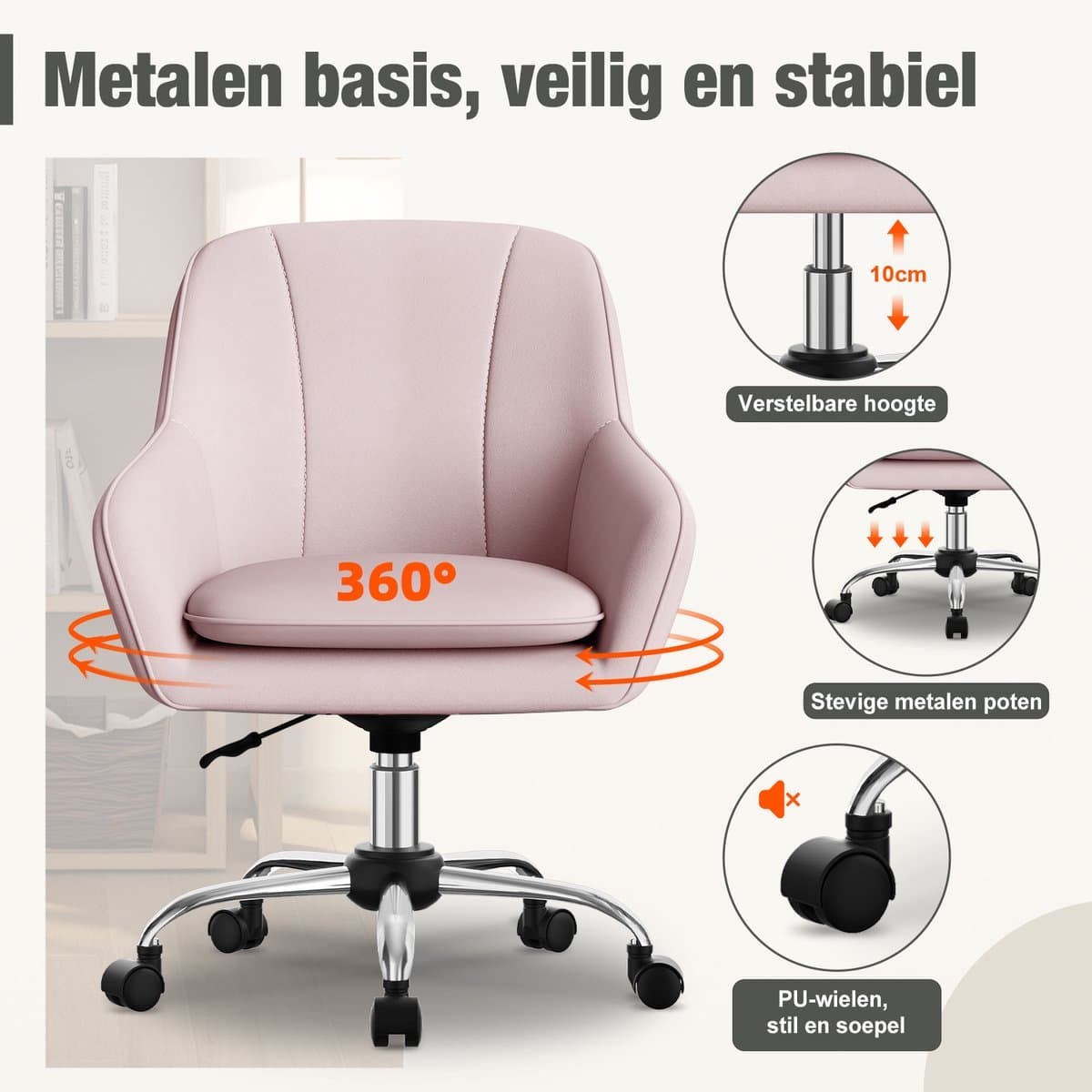 Hiaonyx Bureaustoel-Ergonomische bureaustoel-bureaustoelen voor volwassenen-Dubbel gelaagd zitkussen-360 graden draaibaar-Metalen onderstel-Roze thumbnail 6