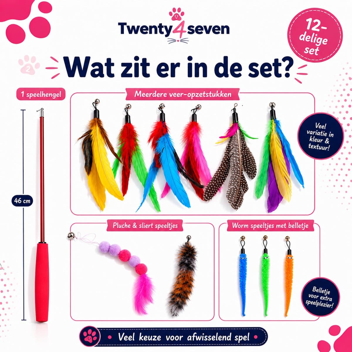 Twenty4seven® Kattenhengel Set - 12-Delig - Kattenspeeltjes met Veer - Kattenspeelgoed - Interactief & Intelligentie - Speelgoed voor Katten & Kittens thumbnail 4