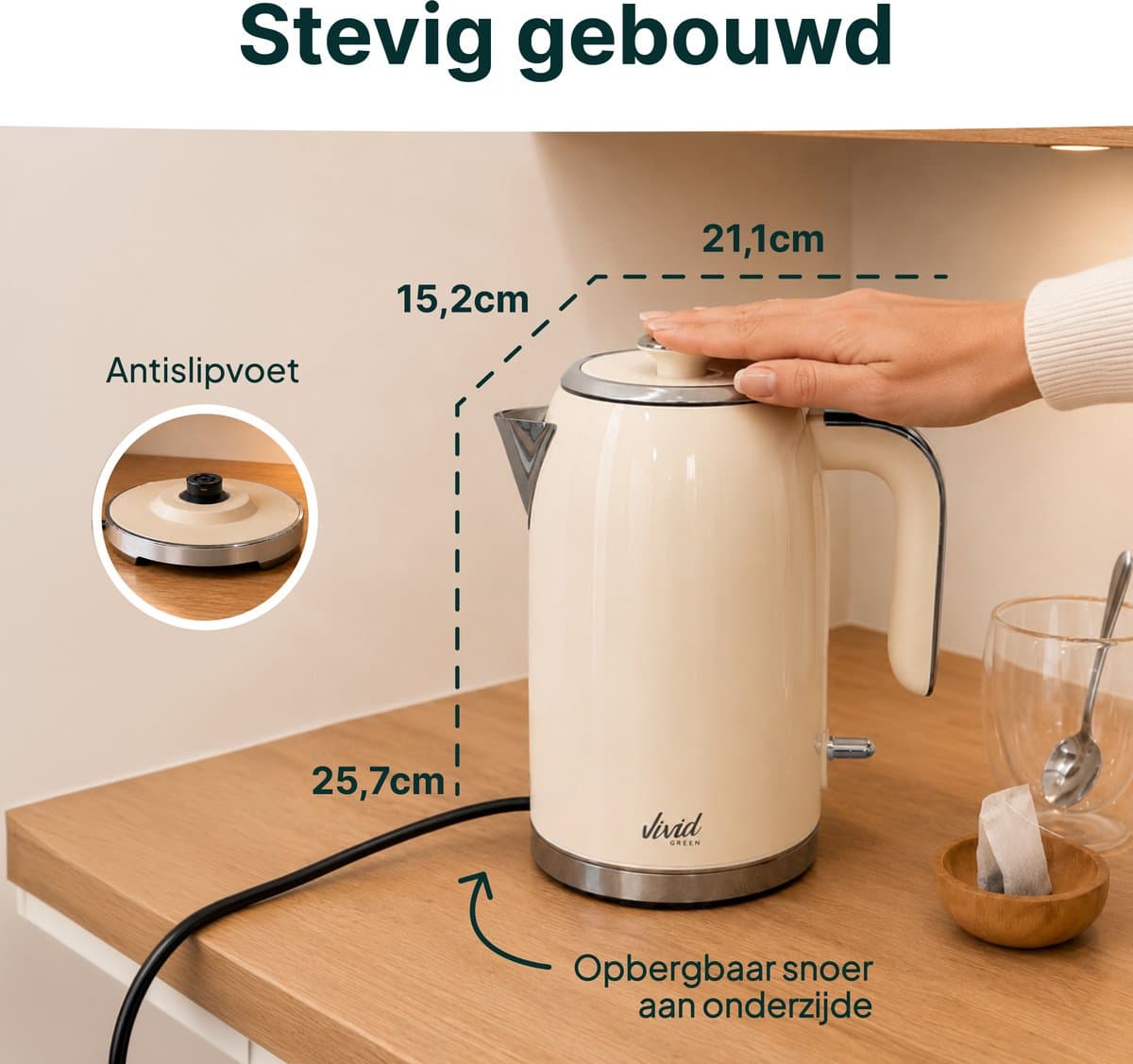 Vivid Green Luxe Waterkoker 1.7L - Retro Design - 2200W - BPA-vrij - 360° - RVS - Creme thumbnail 8