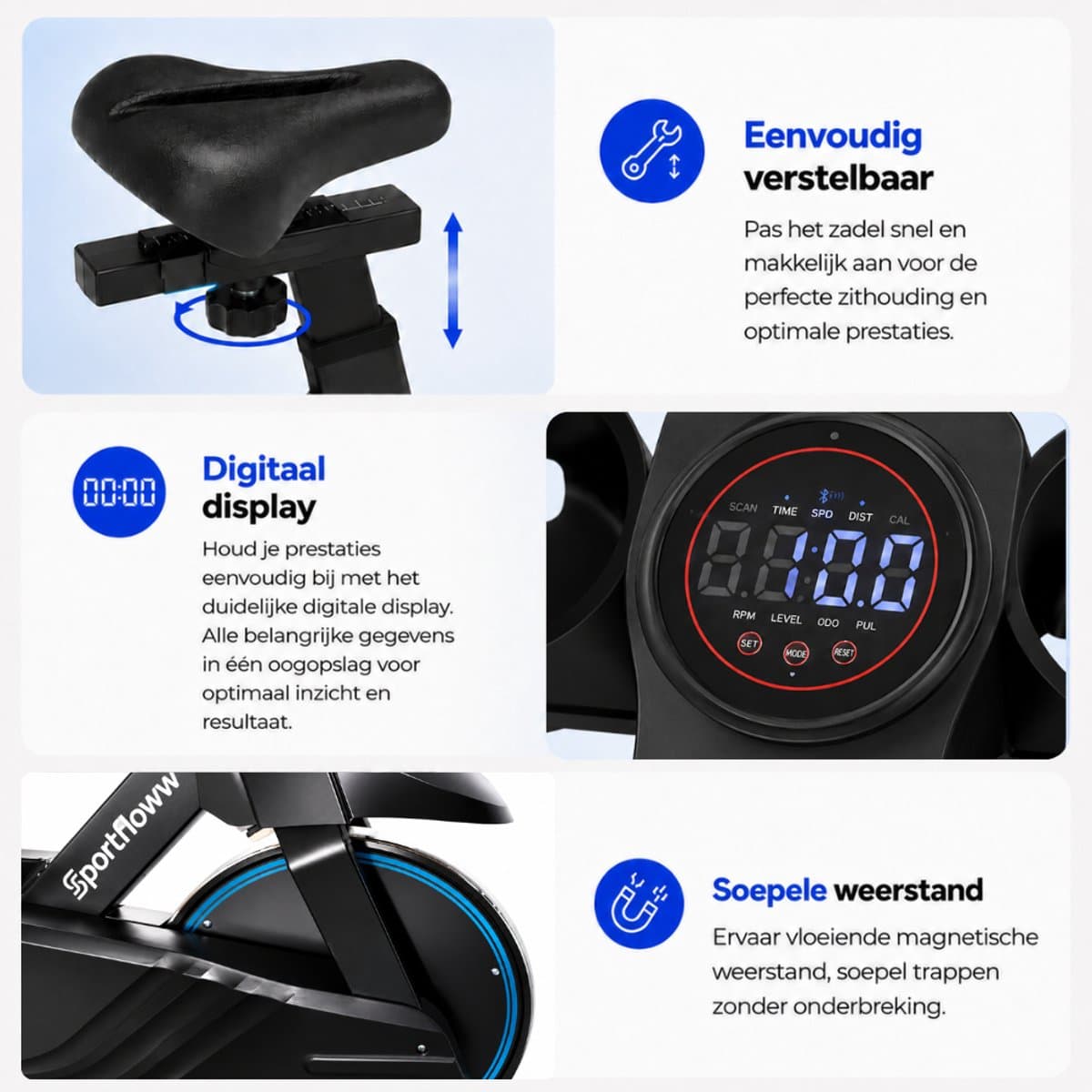 Sportfloww Hometrainer II - Fitness Fiets - Spinningfiets - 8KG Vliegwiel -Hartslagmeter - Incl App thumbnail 6