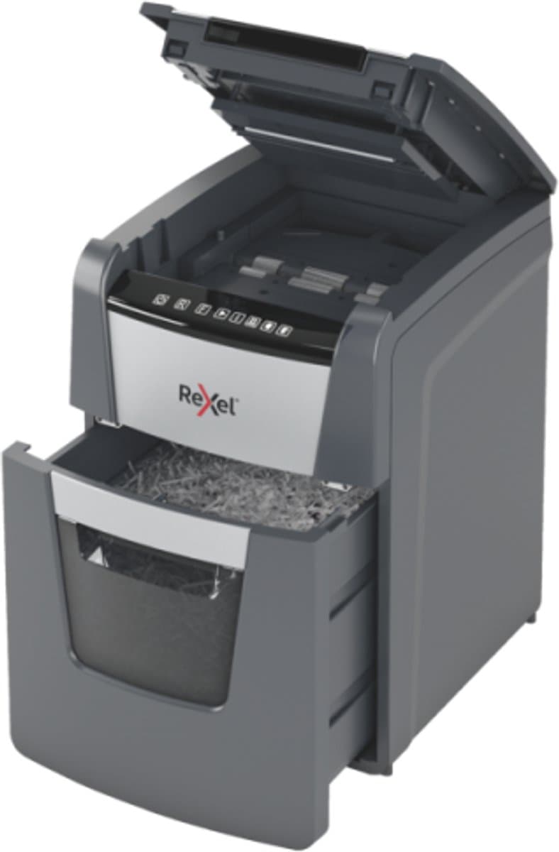 Rexel Optimum AutoFeed+ 100X Fluisterstille Papierversnipperaar - P4 Snippers - Automatische Invoer Tot 100 Vel - 34L - Zwart thumbnail 3